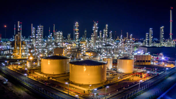 Oil refinery plant from bird eye view at night